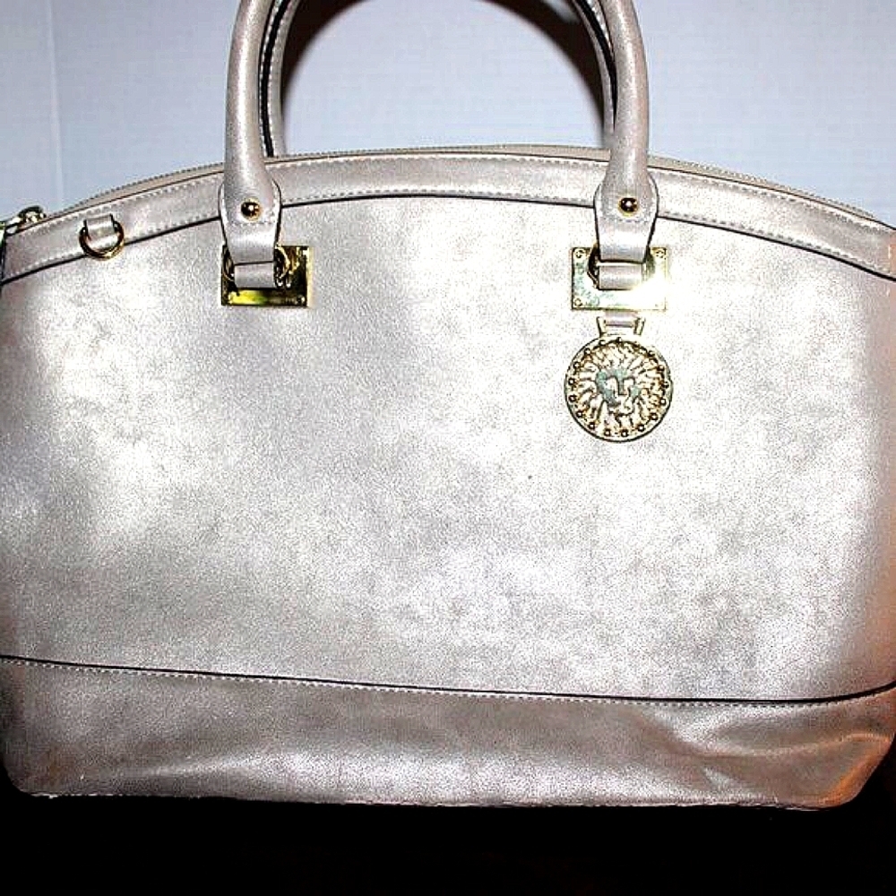 Anne Klein Metallic Satchel Handbag - Silver/Gray - Polka Dot Lining - Lion Logo - Picture 2 of 12